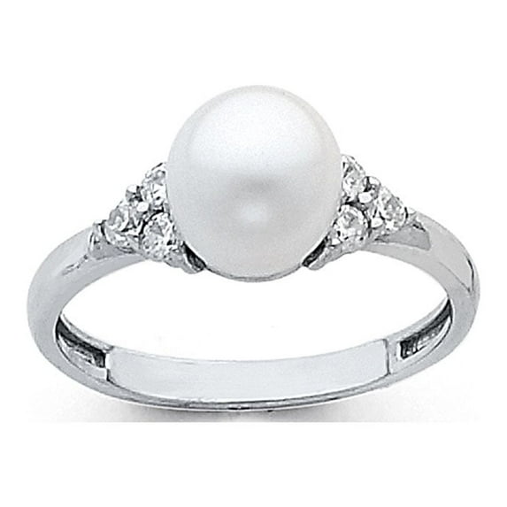 FB Jewels 14K White Gold Pearl & Cubic Zirconia CZ Fashion Anniversary Ring Size 10.5