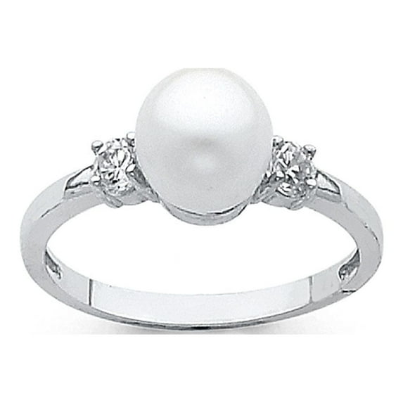 FB Jewels 14K White Gold Pearl & Cubic Zirconia CZ Fashion Anniversary Ring Size 6.5