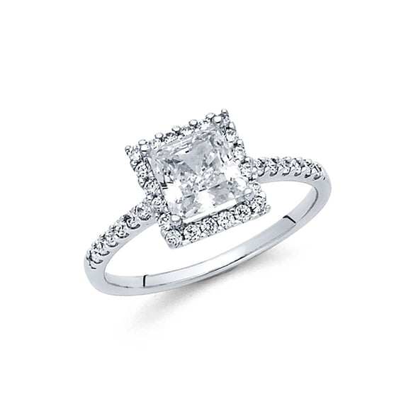 FB Jewels 14K White Gold Princess Cut Square Shaped Cubic Zirconia CZ Engagement Ring w/Round Side Stones Size 9
