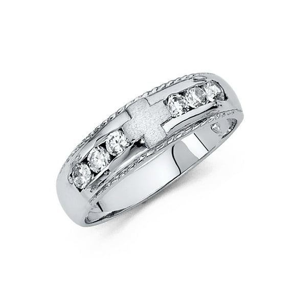 FB Jewels 14K White Gold Ring Round Cubic Zirconia CZ Mens Anniversary Wedding Band Size 6
