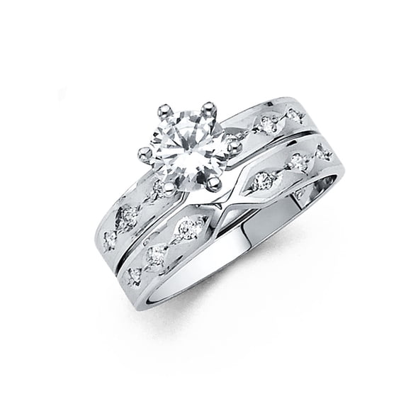 FB Jewels 14K White Gold Round Cubic Zirconia CZ Ladies Wedding Band And Engagement Bridal Ring Two Piece Set Size 6
