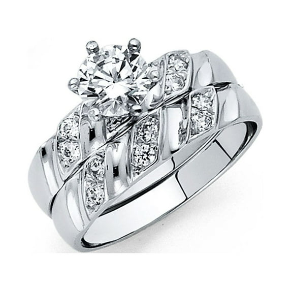FB Jewels 14K White Gold Round Cubic Zirconia CZ Ladies Wedding Band And Engagement Bridal Ring Two Piece Set Size 8