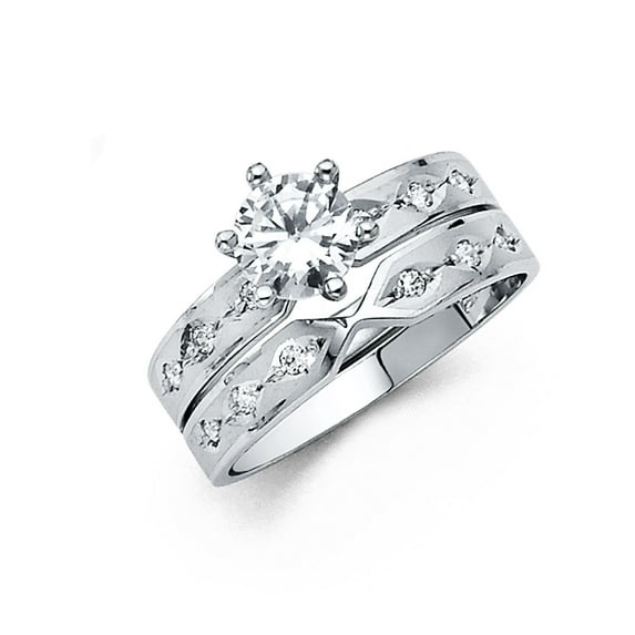 FB Jewels 14K White Gold Round Cubic Zirconia CZ Ladies Wedding Band And Engagement Bridal Ring Two Piece Set Size 8