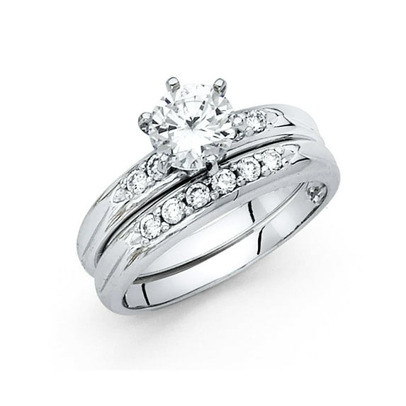FB Jewels 14K White Gold Round Cubic Zirconia CZ Wedding Band and Engagement Bridal Ring Two Piece Set Size 5.5