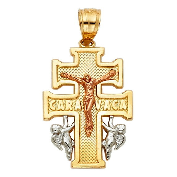 FB Jewels 14K White Yellow And Rose Tri Color Gold Caravaca Christian Crucifix Cross Pendant 23mm X 15mm