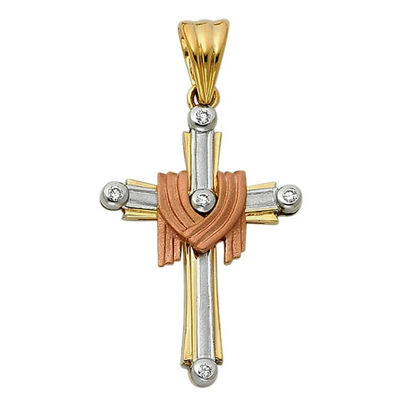 FB Jewels 14K White Yellow And Rose Tri Color Gold Cubic Zirconia CZ Fancy Christian Crucifix Cross Pendant 31mm X 22mm