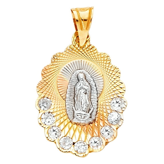 FB Jewels 14K White Yellow And Rose Tri Color Gold Our Lady of Guadalupe Virgin Mary Cubic Zirconia CZ Pendant 20mm X 14mm