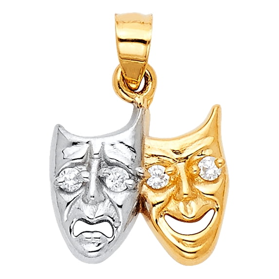 FB Jewels 14K White Yellow And Rose Tri Color Gold Theater Drama Comedy Tragedy Cubic Zirconia CZ Pendant 15mm X 15mm