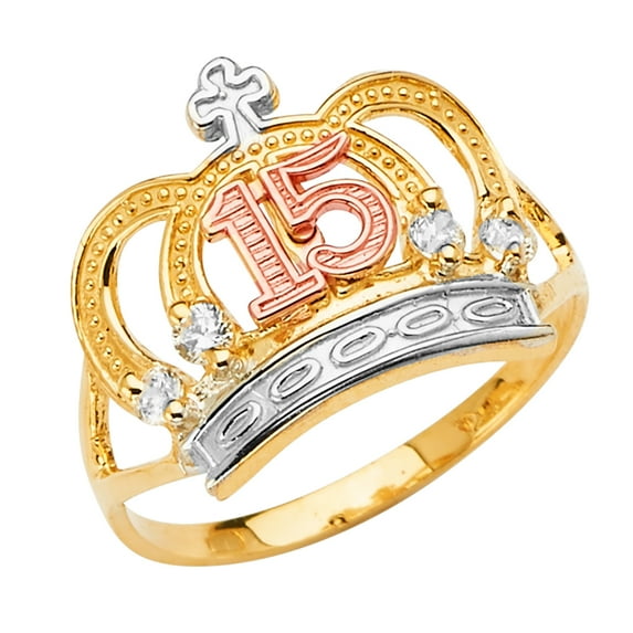 FB Jewels 14K White Yellow and Rose Three Color Gold Fifteen 15 Year Birthday Quincea–era Fashion Anniversary Crown Cubic Zirconia CZ Ring Size 7