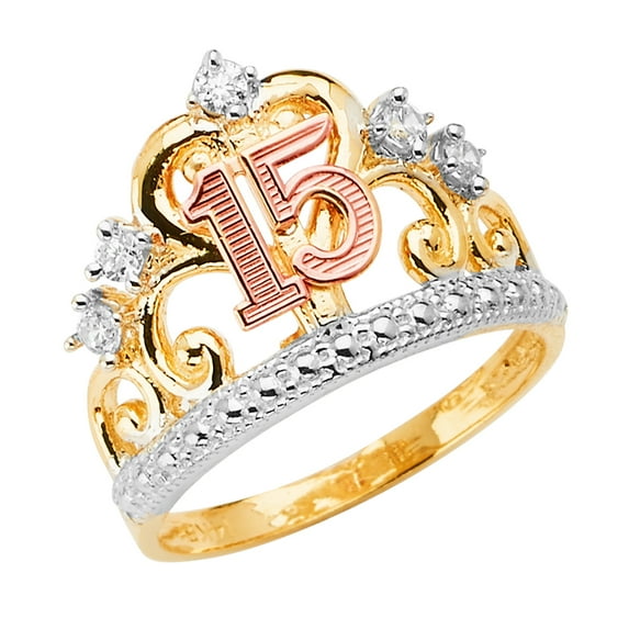 FB Jewels 14K White Yellow and Rose Three Color Gold Fifteen 15 Year Birthday Quincea–era Fashion Anniversary Crown Cubic Zirconia CZ Ring Size 8.5