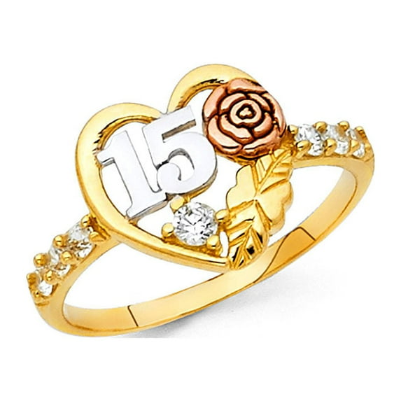 FB Jewels 14K White Yellow and Rose Three Color Gold Fifteen 15 Year Birthday Quincea–era Fashion Anniversary Cubic Zirconia CZ Ring Size 6