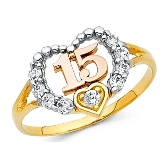 FB Jewels 14K White Yellow and Rose Three Color Gold Fifteen 15 Year Birthday Quincea–era Fashion Anniversary Cubic Zirconia CZ Ring Size 6
