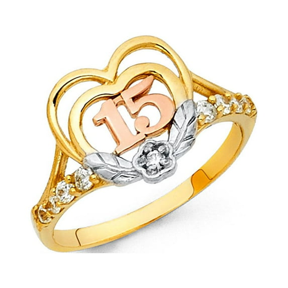 FB Jewels 14K White Yellow and Rose Three Color Gold Fifteen 15 Year Birthday Quincea–era Fashion Anniversary Cubic Zirconia CZ Ring Size 7.5