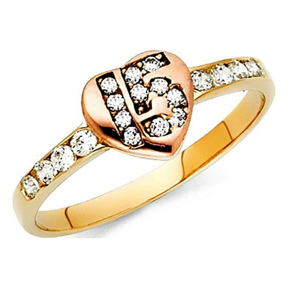 FB Jewels 14K White Yellow and Rose Three Color Gold Fifteen 15 Year Birthday Quincea–era Fashion Anniversary Cubic Zirconia CZ Ring Size 7.5