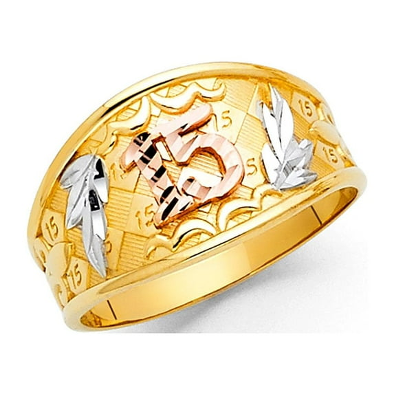 FB Jewels 14K White Yellow and Rose Three Color Gold Fifteen 15 Year Birthday Quincea–era Fashion Anniversary Ring Size 5