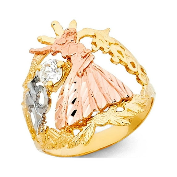 FB Jewels 14K White Yellow and Rose Three Color Gold Fifteen 15 Year Birthday Quincea–era Fashion Anniversary Ring Size 7