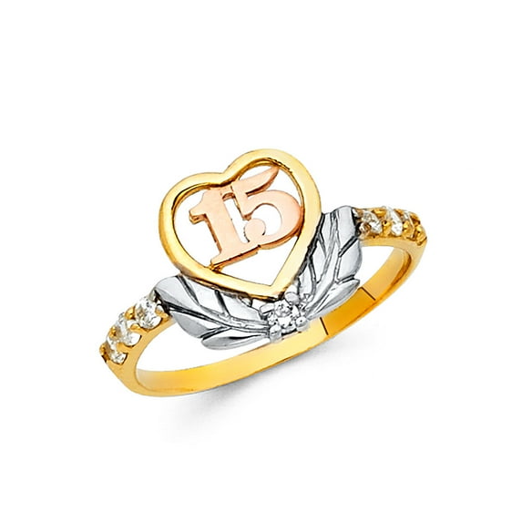 FB Jewels 14K White Yellow and Rose Three Color Gold Fifteen 15 Year Birthday Quincea–era Fashion Anniversary Round Cubic Zirconia CZ Ring Size 10