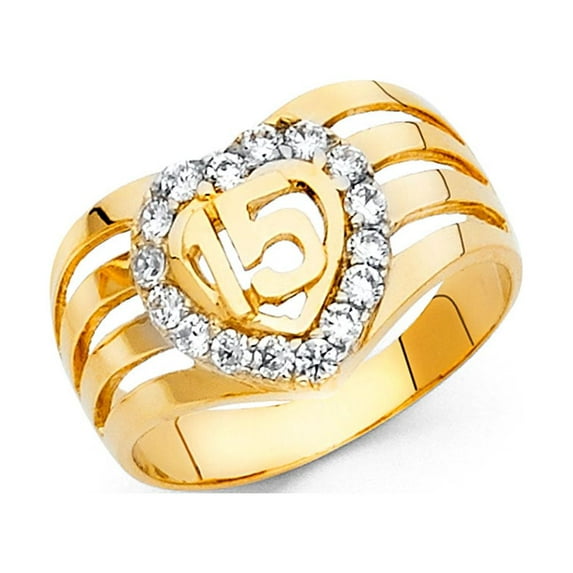 FB Jewels 14K White Yellow and Rose Three Color Gold Fifteen 15 Year Birthday Unicameral Fashion Anniversary Cubic Zirconia CZ Ring Size 5.5