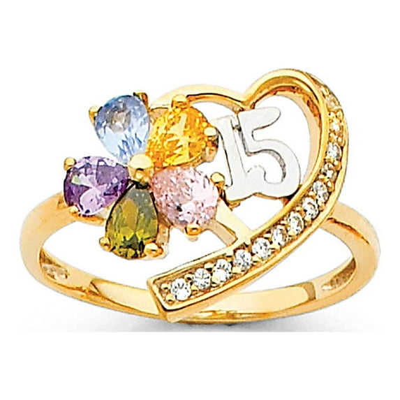 FB Jewels 14K White Yellow and Rose Three Color Gold Fifteen 15 Years Birthday Quincea–era Cubic Zirconia CZ Ring Size 7