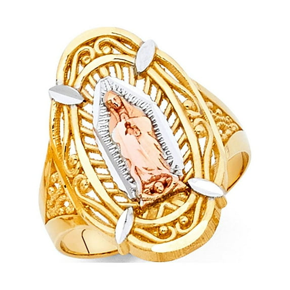 FB Jewels 14K White Yellow and Rose Three Color Gold Our Lady of Guadalupe Virgin Mary Ring Size 8.5