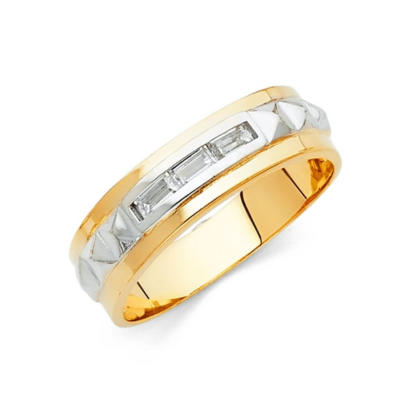 FB Jewels 14K White and Yellow Gold Ring Two Tone Gold Ring Baguette Cubic Zirconia CZ Mens Anniversary Wedding Band Size 5.5