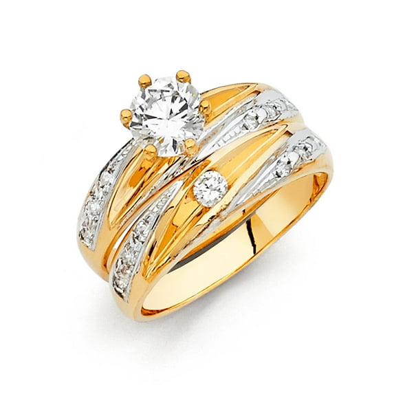 FB Jewels 14K White and Yellow Gold Two Tone Cubic Zirconia CZ Ladies Wedding Band And Engagement Bridal Ring Two Piece Set Size 7