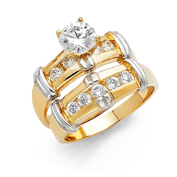 FB Jewels 14K White and Yellow Gold Two Tone Cubic Zirconia CZ Wedding Band and Engagement Bridal Ring Two Piece Set Size 8.5