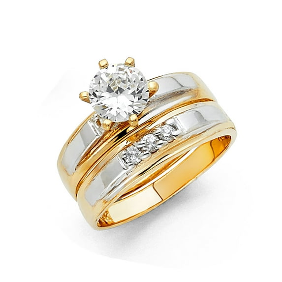 FB Jewels 14K White and Yellow Gold Two Tone Cubic Zirconia CZ Wedding Band and Engagement Bridal Ring Two Piece Set Size 8.5