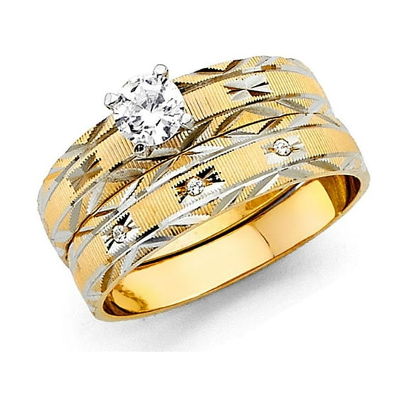 FB Jewels 14K White and Yellow Gold Two Tone Ladies Cubic Zirconia CZ Wedding Band and Engagement Bridal Ring Two Piece Set Size 6.5