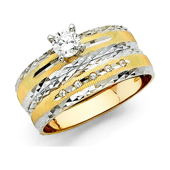 FB Jewels 14K White and Yellow Gold Two Tone Ladies Round Cubic Zirconia CZ Wedding Band and Engagement Bridal Ring Two Piece Set Size 8.5
