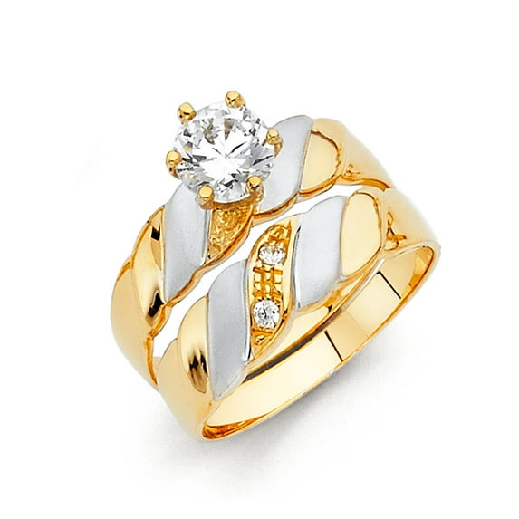 FB Jewels 14K White and Yellow Gold Two Tone Round Cubic Zirconia CZ Ladies Wedding Band And Engagement Bridal Ring Two Piece Set Size 11