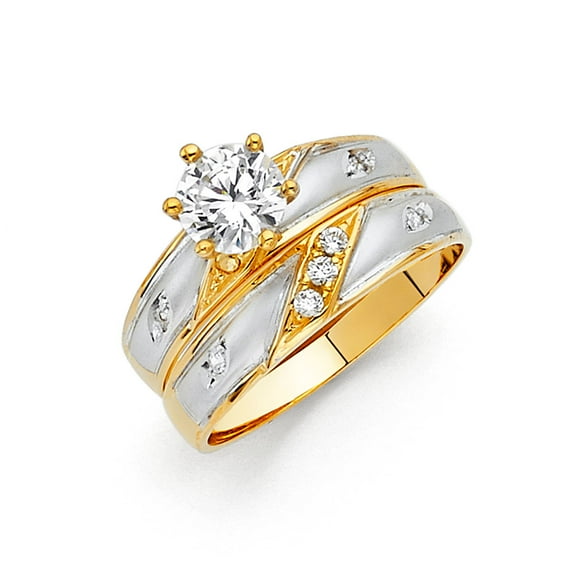 FB Jewels 14K White and Yellow Gold Two Tone Round Cubic Zirconia CZ Ladies Wedding Band And Engagement Bridal Ring Two Piece Set Size 6