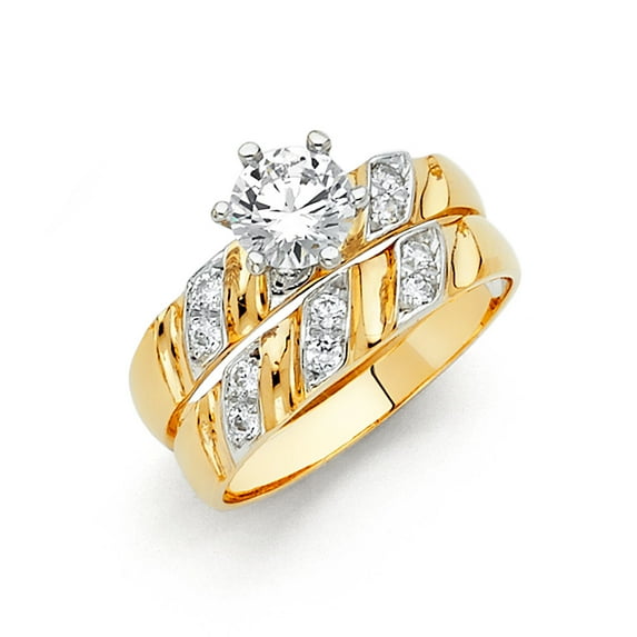 FB Jewels 14K White and Yellow Gold Two Tone Round Cubic Zirconia CZ Ladies Wedding Band And Engagement Bridal Ring Two Piece Set Size 7.5