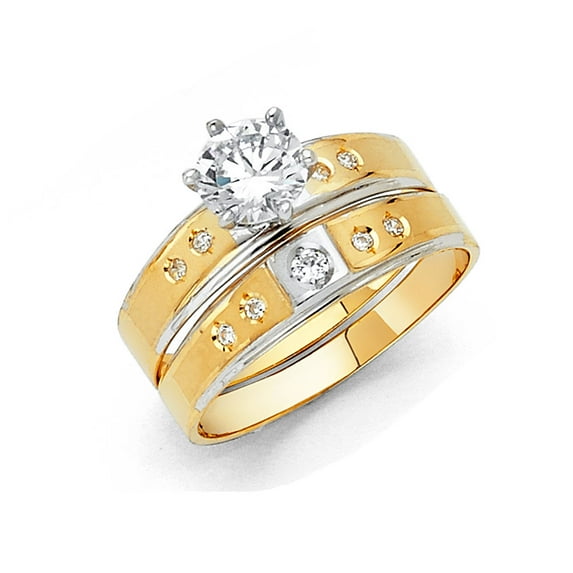 FB Jewels 14K White and Yellow Gold Two Tone Round Cubic Zirconia CZ Ladies Wedding Band And Engagement Bridal Ring Two Piece Set Size 8.5