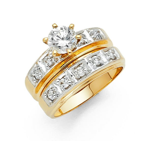 FB Jewels 14K White and Yellow Gold Two Tone Round Cubic Zirconia CZ Wedding Band and Engagement Bridal Ring Two Piece Set Size 11.5