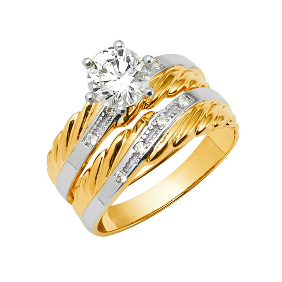 FB Jewels 14K White and Yellow Gold Two Tone Round Cubic Zirconia CZ Wedding Band and Engagement Bridal Ring Two Piece Set Size 5.5