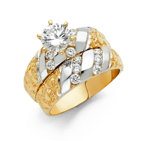 FB Jewels 14K White and Yellow Gold Two Tone Round Cubic Zirconia CZ Wedding Band and Engagement Bridal Ring Two Piece Set Size 5.5