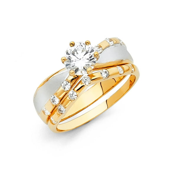 FB Jewels 14K White and Yellow Gold Two Tone Round Cubic Zirconia CZ Wedding Band and Engagement Bridal Ring Two Piece Set Size 9