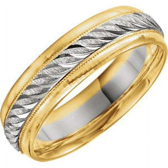FB Jewels 14K White and Yellow Two Tone Gold 6mm Milgrain Design Wedding Band Size 7.5