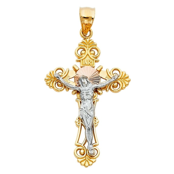 FB Jewels 14K White and Yellow Two Tone Gold Budded Christian Crucifix Cross Big Pendant 41mm X 25mm