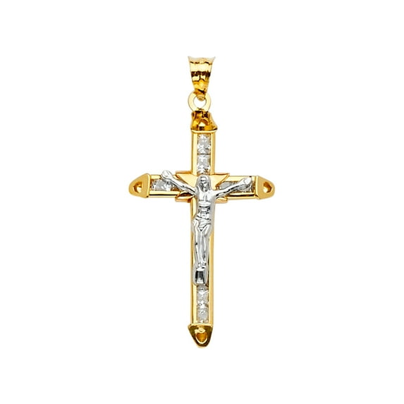 FB Jewels 14K White and Yellow Two Tone Gold Cubic Zirconia CZ Christian Crucifix Cross Pendant 36mm X 19mm