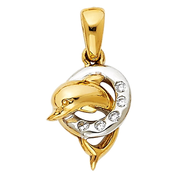 FB Jewels 14K White and Yellow Two Tone Gold Cubic Zirconia CZ Dolphin Pendant 15mm X 11mm
