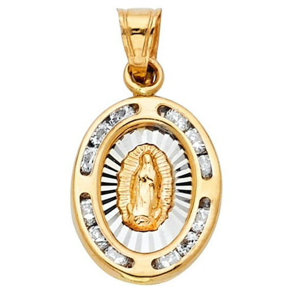 FB Jewels 14K White and Yellow Two Tone Gold Cubic Zirconia CZ Virgen De Our Lady of Guadalupe Virgin Mary Pendant 17mm X 11mm