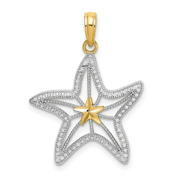 FB Jewels 14K White and Yellow Two Tone Gold Diamond-cut Small Starfish Cut Out with White Star Center Pendant