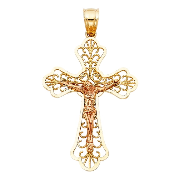 FB Jewels 14K White and Yellow Two Tone Gold Fancy Christian Crucifix Cross Pendant 32mm X 22mm
