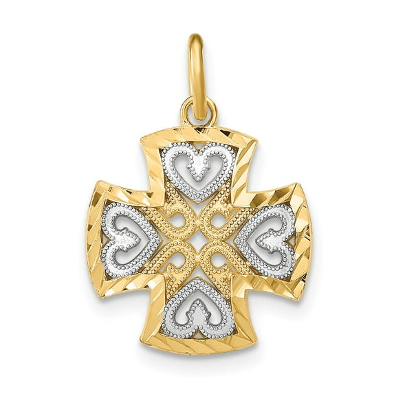 FB Jewels 14K White and Yellow Two Tone Gold Small Maltese Cross with O-Ring with White Hearts and Diamond-cut Edge Pendant