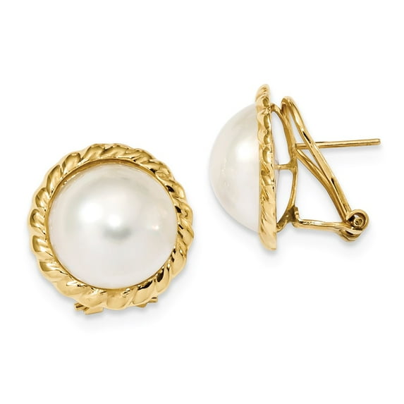 FB Jewels 14K Yellow Gold 13-14mm White Mabe Freshwater Cultured Pearl Omega Back Earrings