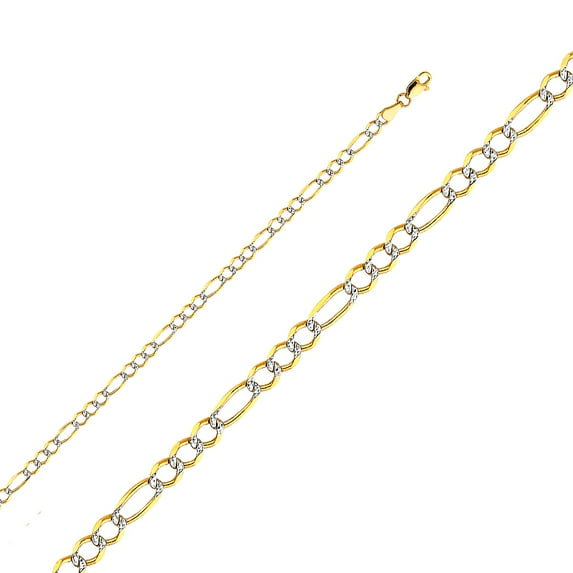 FB Jewels 14K Yellow Gold 3.9MM Figaro Open White Pave Chain Necklace With Lobster Claw Clasp - 7.5 Inches