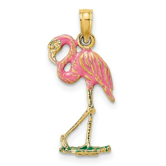 FB Jewels 14K Yellow Gold 3D Pink Flamingo with Head Up Pendant