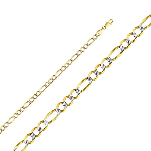 FB Jewels 14K Yellow Gold 4.7MM Figaro Open White Pave Chain Necklace With Lobster Claw Clasp - 22 Inches